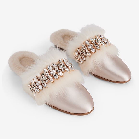 Express Shoes - EXPRESS SATIN EMBELLISHED FAUX FUR SLIPPERS CHAMPAGNE SZ LG 9/10 NWT
